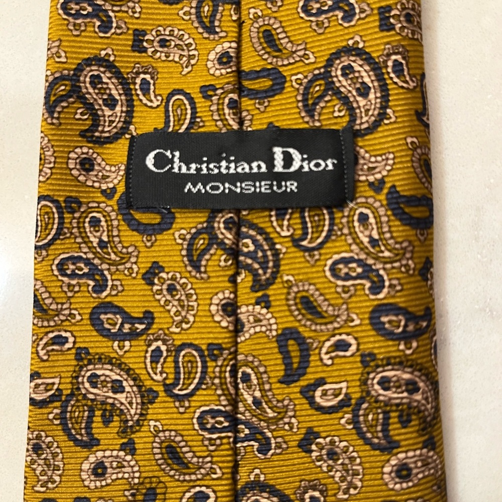 VTG Christian Dior Silk Paisley Tie Mustard Gold Vintage luxury designer - Picture 3 of 8